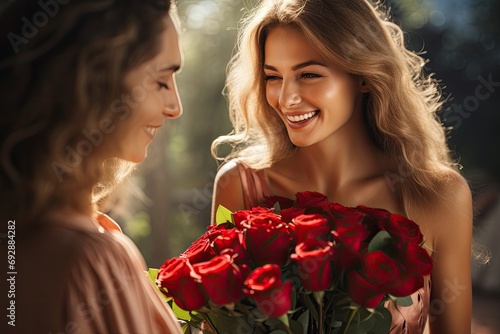 Man surprising his partner with a bouquet of bright red roses, a classic expression of love