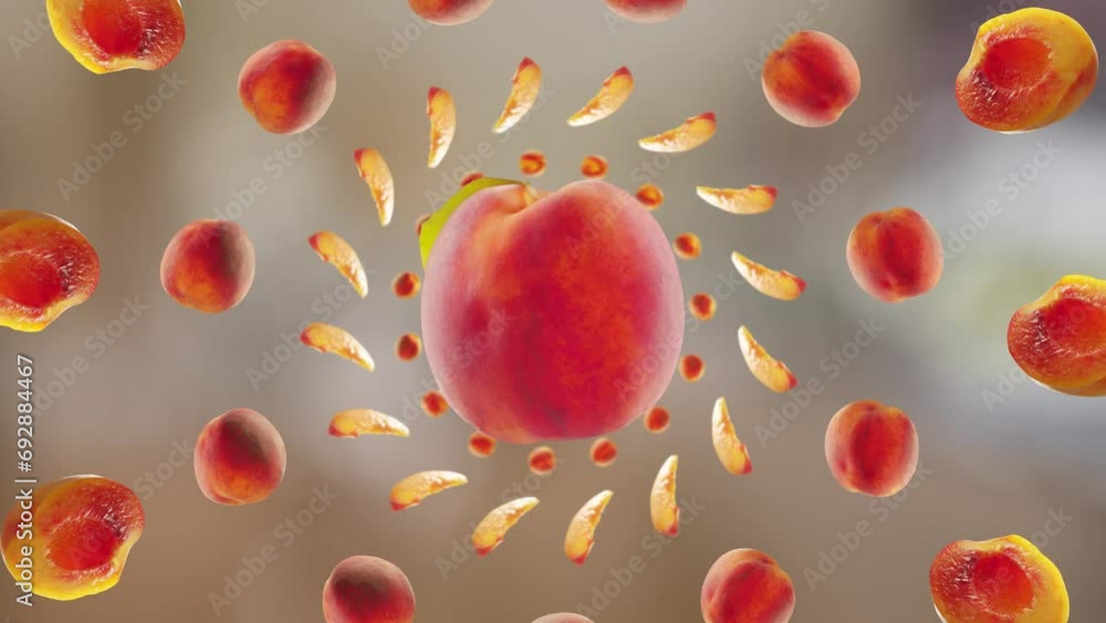 Flying Peach and Peaches in Bright Brown Kitchen Background Flying Peach and Peaches in Bright Brown Kitchen Background