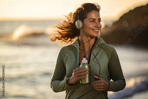 Beautiful woman exercises outdoor with a headphone and water bottle, healthy life concept photo