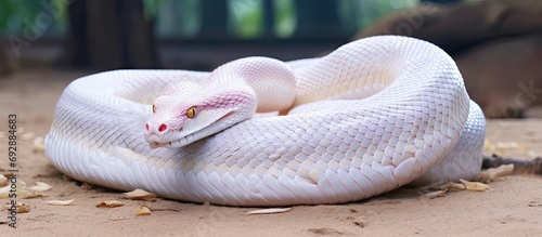Albino python lying on the ground at the snake farm. photo