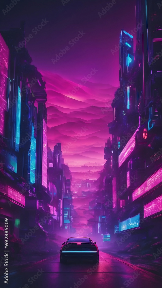 city at night with a beautiful car, purple city, portrait background, cyber like city, cyberpunk city