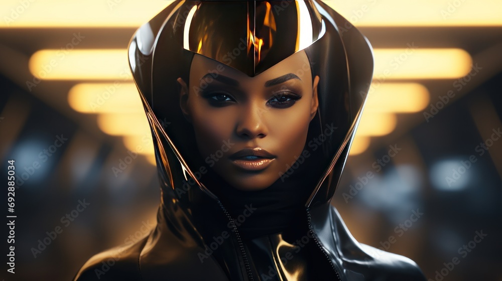 Black woman in futuristic architecture costume bright dynamic elements Black woman in futuristic architecture costume bright dynamic elements