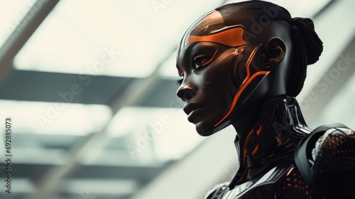 Black woman in futuristic architecture costume bright dynamic elements © somchai20162516