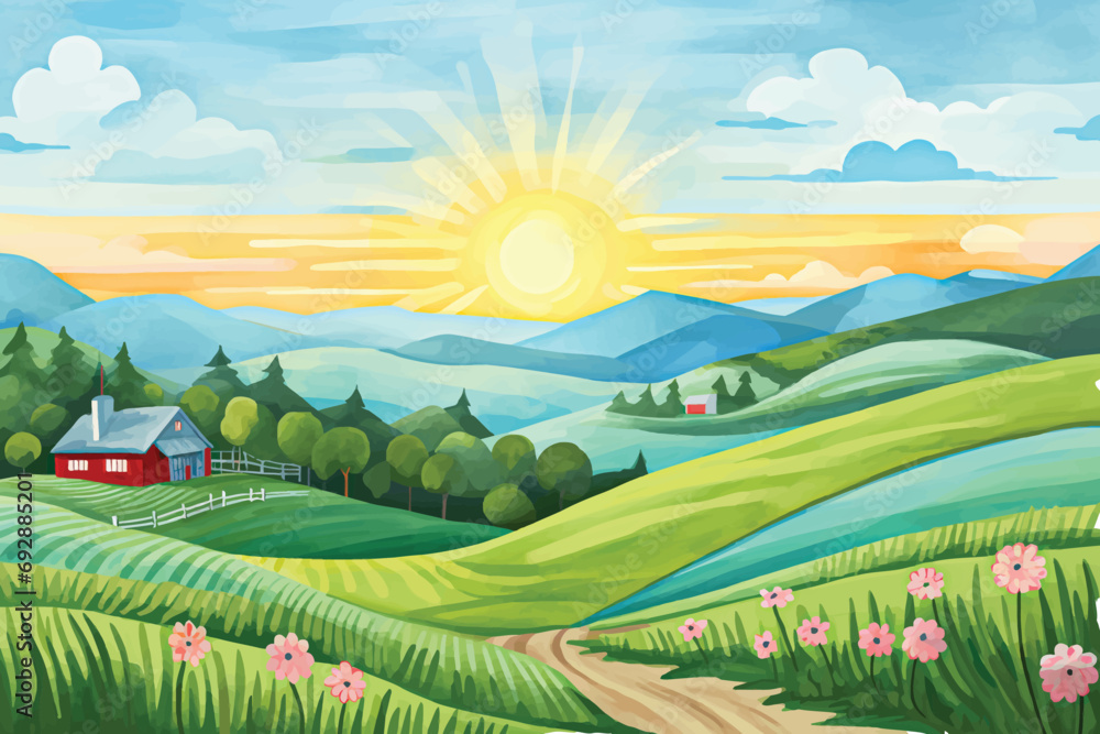 watercolor Vector illustration of beautiful summer fields landscape with a dawn, green hills, bright color, country background in flat cartoon style banner