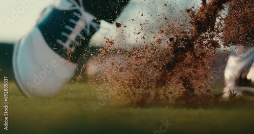 Golfer hitting ball and making big divot, golf shot with dirt flying macro close up 4k in extreme slow motion photo