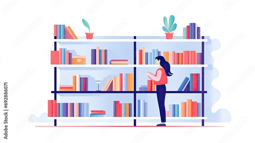Minimalist UI illustration of a librarian shelving books in a flat illustration style on a white background