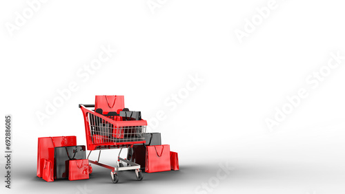 3D rendered Supermarket shopping cart with balloons and gift box. E commerce elements on transparent background PNG (ID: 692886085)