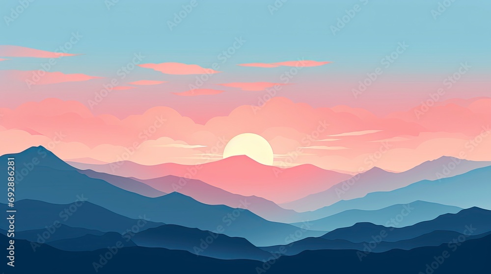 Serene Mountain Landscape at Sunrise Minimalist UI, Flat Illustration Style