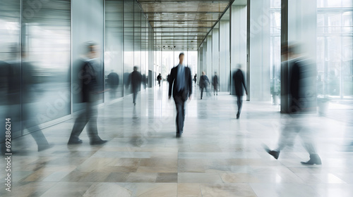Business people walking in motion blur, blurred businessman working in modern office. generative AI.