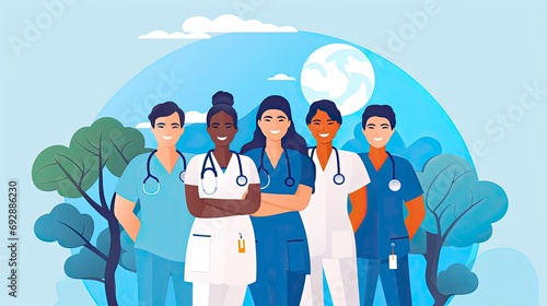 Minimalist UI illustration of a medical team with diverse healthcare workers united for World Health Day photo