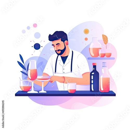 Minimalist UI illustration of a mixologist crafting cocktails in a flat illustration style on a white background. © Fatema