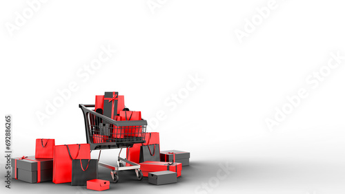 3D rendered Supermarket shopping cart with balloons and gift box. E commerce elements on transparent background PNG (ID: 692886265)
