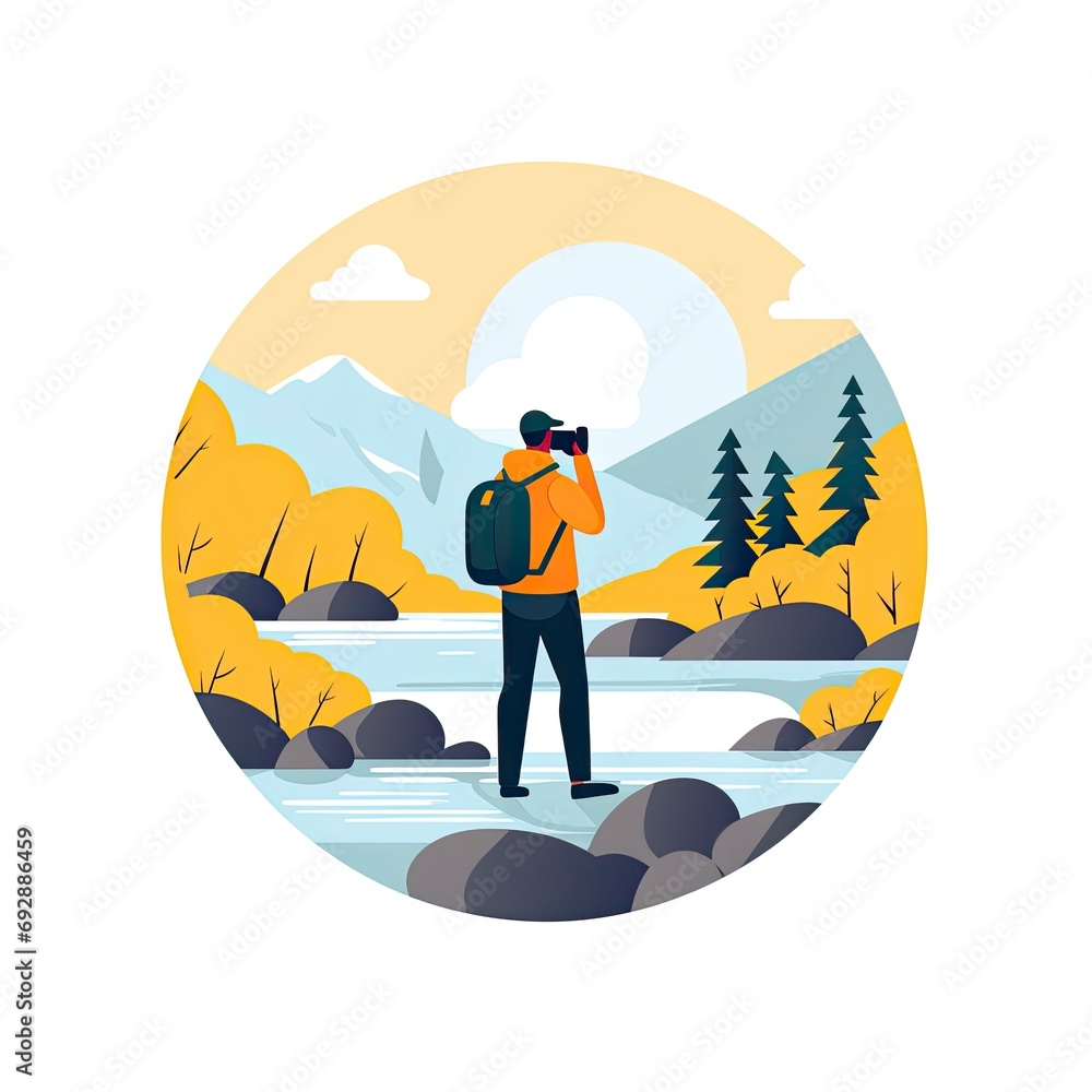 Minimalist UI illustration of a photographer taking a landscape photo in a flat illustration style on a white background