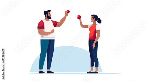 Minimalist UI illustration of a personal trainer coaching a client in a flat illustration style on a white background