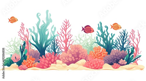 Vibrant Coral Reef and Marine Life Minimalist Flat Design on White Background