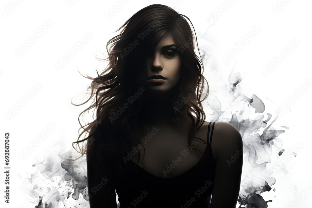 Fototapeta premium background white woman pensive silhouette human isolated front shoulder young outline character face monochrome view person real head symbol graphic people 1 black fashion beautiful female posing