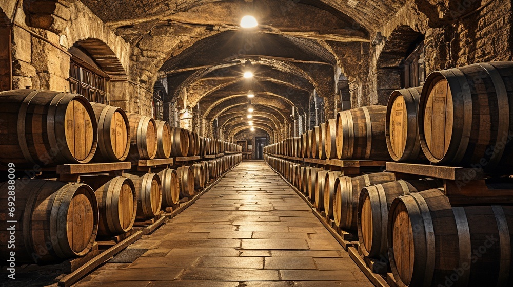 Wine, Whisky and Alcohol Age in a Cellar with Rows of Wooden Oak Barrels.