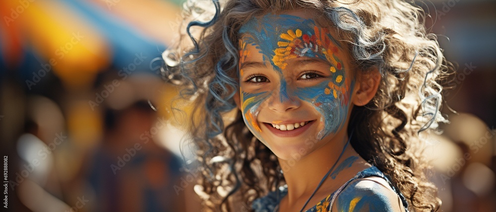 Youngster wearing makeup on their face . Youngster wearing makeup on their face .