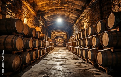 Wine  Whisky and Alcohol Age in a Cellar with Rows of Wooden Oak Barrels.