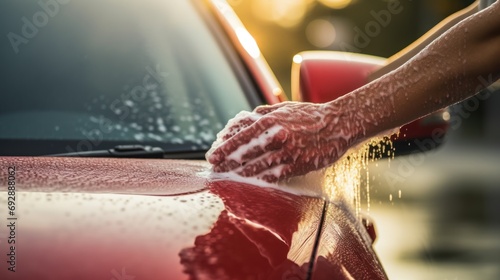 Female hands washing red car with soap