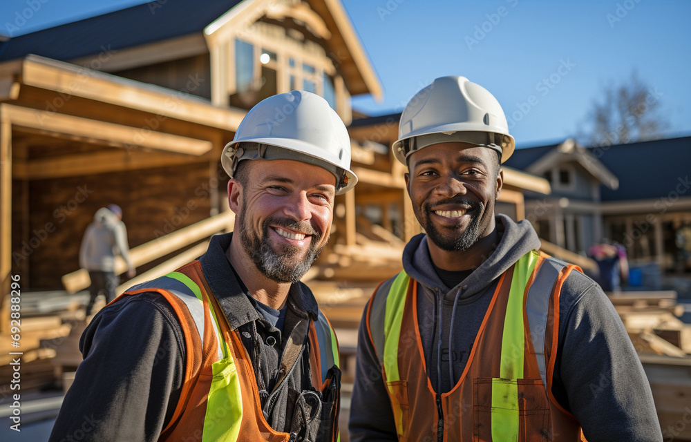Building Labourer in Front of Recently Constructed Wooden House .