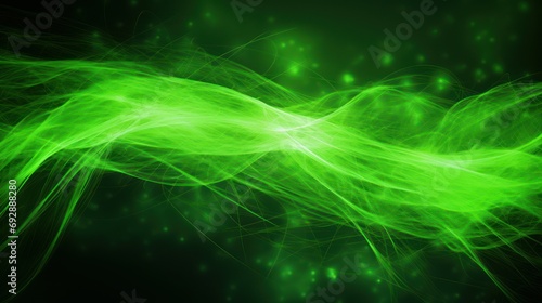 Technological background with fluorescent green light effects, light lines, luminous waves, light particles, green on a black background