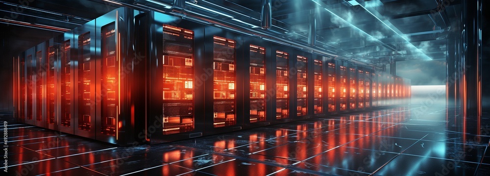 A render farm with hundreds of contemporary server cabinets. Error light warning in red..