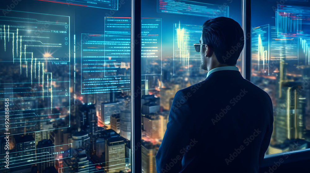 Finance trade manager analyzing stock market indicators for best investment strategy, financial data, and charts with business buildings in the background, futuristic style. generative AI. Finance trade manager analyzing stock market indicators for best investment strategy, financial data, and charts with business buildings in the background, futuristic style. generative AI.