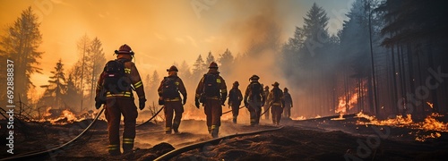 Fighting a forest fire with firefighters . photo