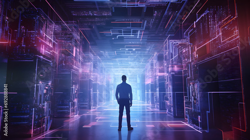 Futuristic 3D Concept- Big Data Center Chief Technology Officer Using Laptop Standing In Warehouse, Information Digitalization Lines Streaming Through Servers. generative AI.