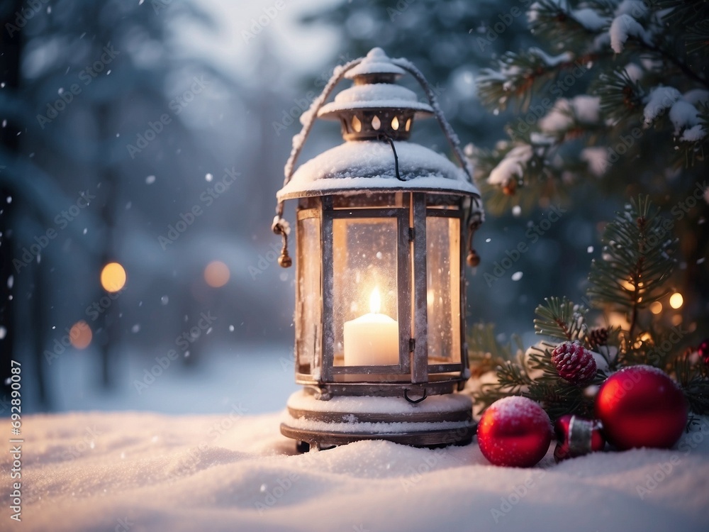 Christmas Lantern in snow with winter forest background. Winter decoration background with Christmas lights. Christmas Lantern in snow with winter forest background. Winter decoration background with Christmas lights.