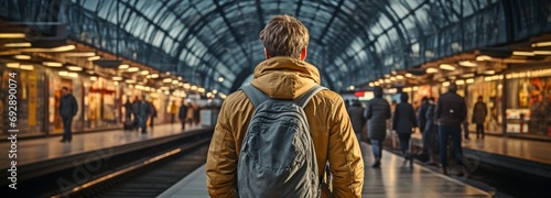 a back view of a young man using headphones as he climbs stairs in a railway station.