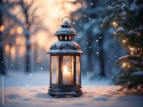 Christmas Lantern in snow with winter forest background. Winter decoration background with Christmas lights.