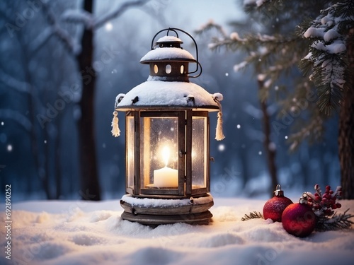Christmas Lantern in snow with winter forest background. Winter decoration background with Christmas lights. © MAHBUBULALAM