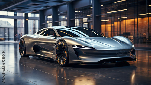 Modern Garage Displays a Futuristic Electric Sports Car. © tongpatong