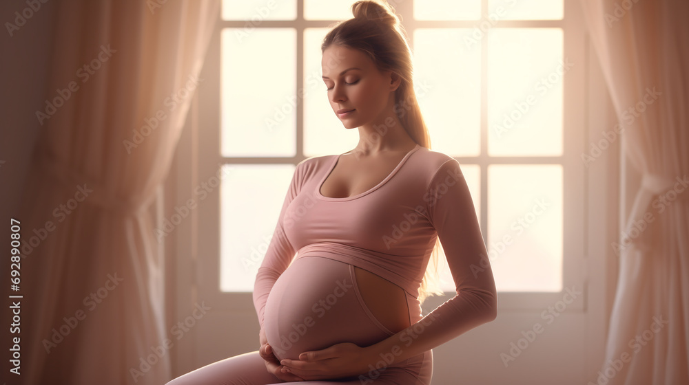 Beautiful young pregnant woman in comfort home-wear touch big belly in late pregnancy sit on bed in light bedroom at home. Happy expectant mother portrait, maternity concept Beautiful young pregnant woman in comfort home-wear touch big belly in late pregnancy sit on bed in light bedroom at home. Happy expectant mother portrait, maternity concept