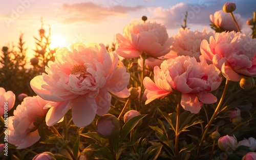 Romantic Pink Peonies with Beautiful Sun Lighting. natural shine effect. Vivid floral wallpaper, background from flower petals