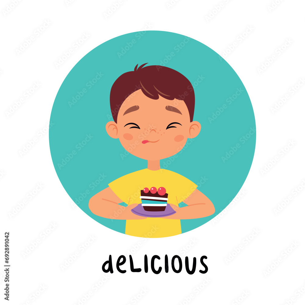 Kid Emotion with Happy Boy Character with Delicious Cake in Round Shape Show Face Expression Vector Illustration Kid Emotion with Happy Boy Character with Delicious Cake in Round Shape Show Face Expression Vector Illustration