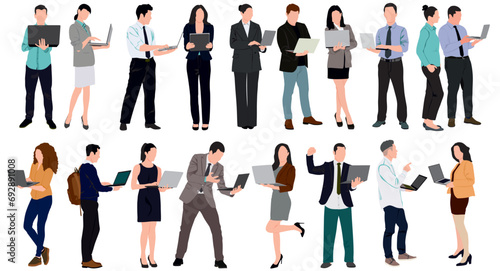 Business people working at laptop. Different men and women wearing smart casual, formal office outfits standing, looking at computer. Vector realistic illustration isolated on white background. 