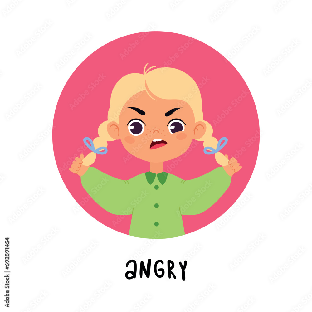 Kid Emotion with Angry Girl Character in Round Shape Show Face Expression Vector Illustration Kid Emotion with Angry Girl Character in Round Shape Show Face Expression Vector Illustration