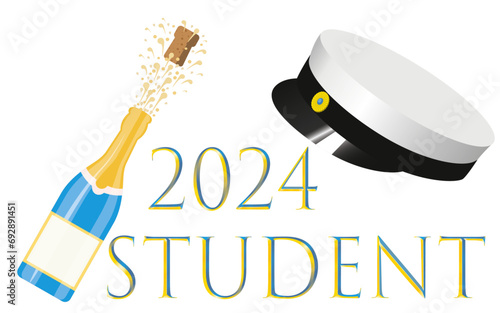 Student 2024.Traditional Swedish graduation cap and a bottle of sparkling champagne with a cork popping out.