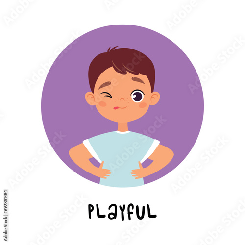 Kid Emotion with Playful Boy Character in Round Shape Show Face Expression Vector Illustration