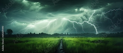 Green meadow thunderstorm with lightning.