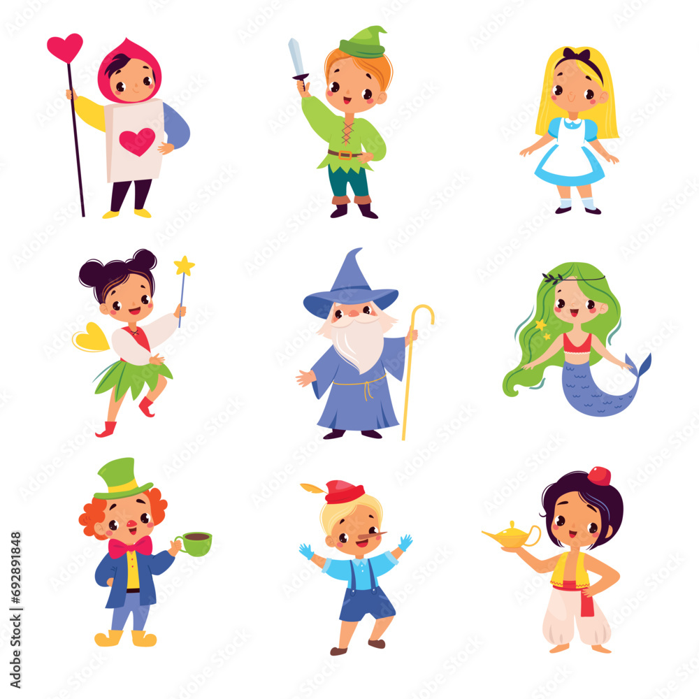 Fairy Tales Character with Boy and Girl Pinocchio, Wizard, Mermaid, Clown and Pixie Vector Set