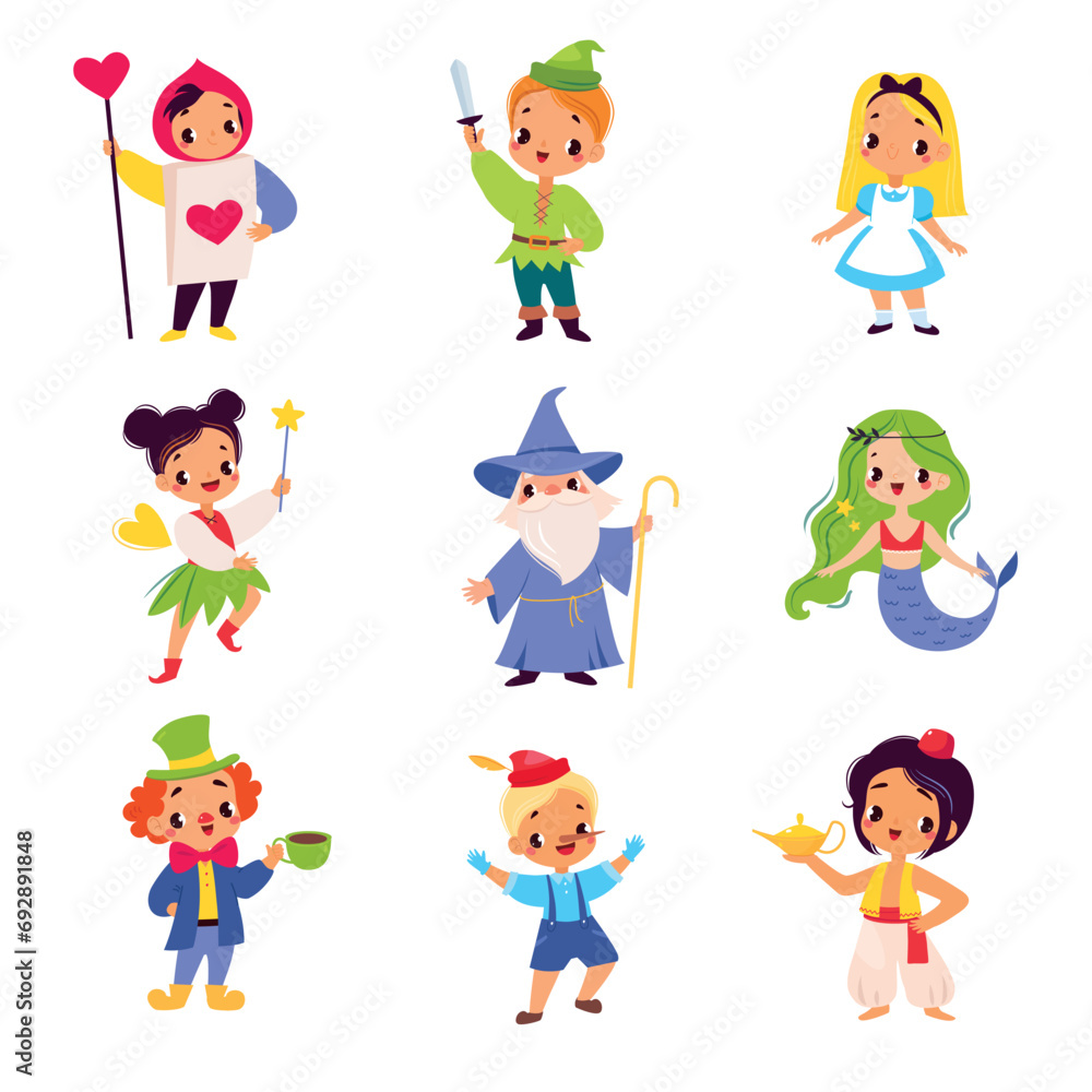 Fairy Tales Character with Boy and Girl Pinocchio, Wizard, Mermaid, Clown and Pixie Vector Set Fairy Tales Character with Boy and Girl Pinocchio, Wizard, Mermaid, Clown and Pixie Vector Set