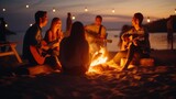 A group of young people have fun sitting by the fire on the beach at night, playing guitar and singing.
