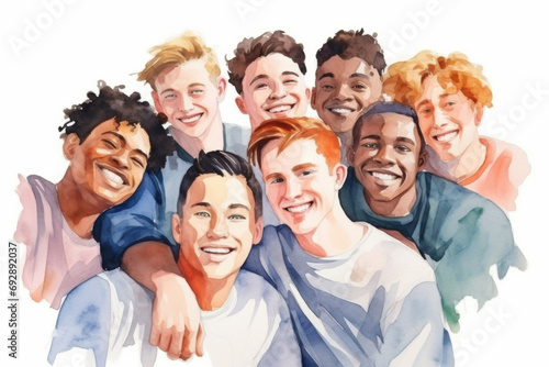 Group, diverse men and watercolour portrait illustration on a white background for human rights protest, awareness and activist. Happy, beautiful and colourful sketch for creative poster art design © MalamboBot/Peopleimages - AI