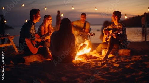 A group of young people have fun sitting by the fire on the beach at night  playing guitar and singing.