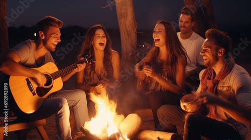 A group of young people have fun sitting by the fire on the beach at night, playing guitar and singing. photo