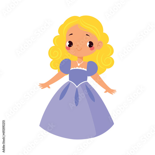 Cute Girl with Golden Hair in Pretty Dress as Fairy Tale Character Vector Illustration